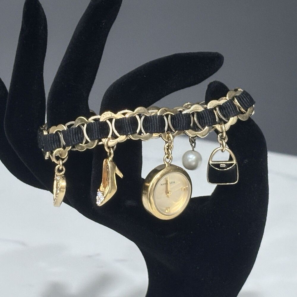 Vintage Anne Klein Charm Bracelet Gold Tone Watch Phone Shoe Black Ribbon 7"